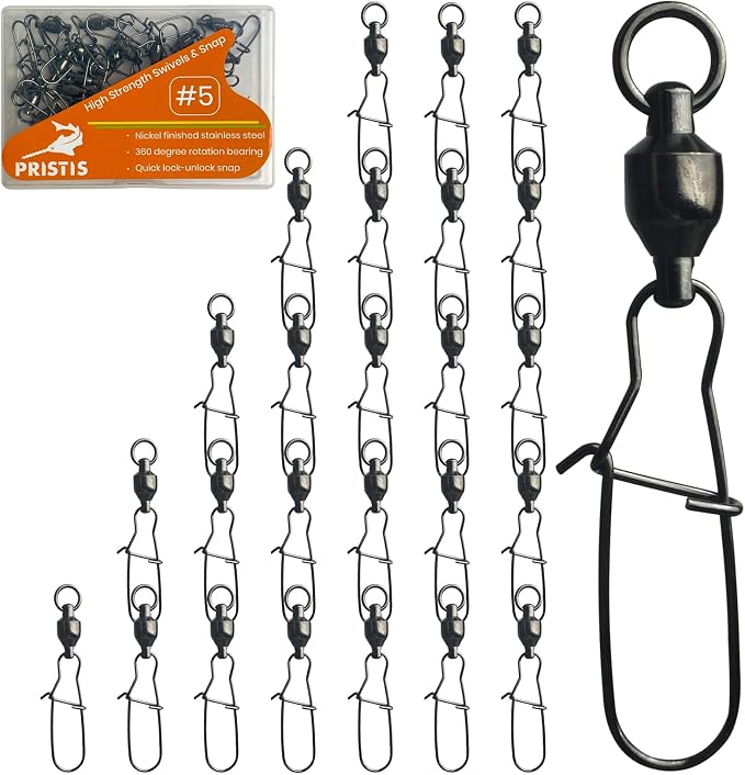 Pristis 25 Pack High Strength Fishing Snap & Swivels, Ball Bearing with Coastlock Snap, Saltwater Corrosion Resistant Connector, Fresh Water Heavy Duty Black Nickel Finish Tackle Kit for Bass Perch