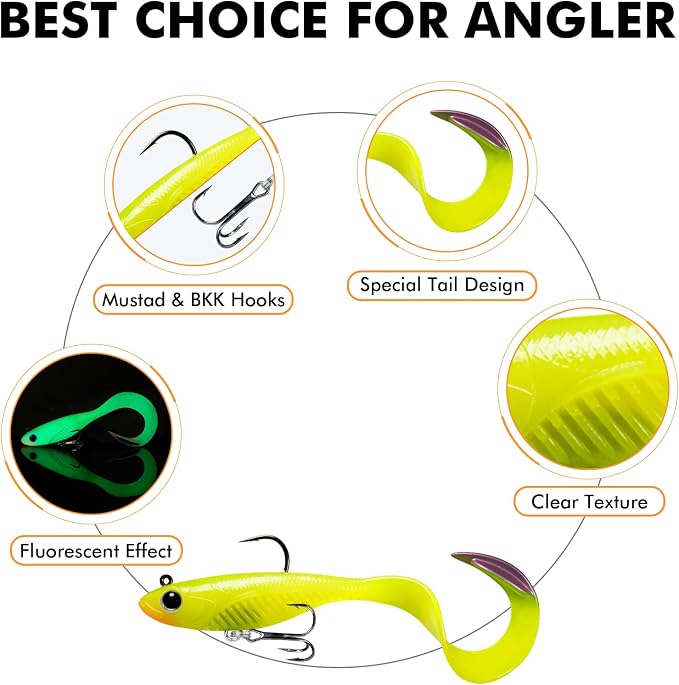 TRUSCEND Duramax Pre-Rigged Fishing Lures with BKK Jig Hooks, 10X Tear-Resistant TPE Soft Swimbaits for Bass Striper Trout Crappie Walleye Grouper, Lifelike Fishing Baits for Saltwater and Freshwater
