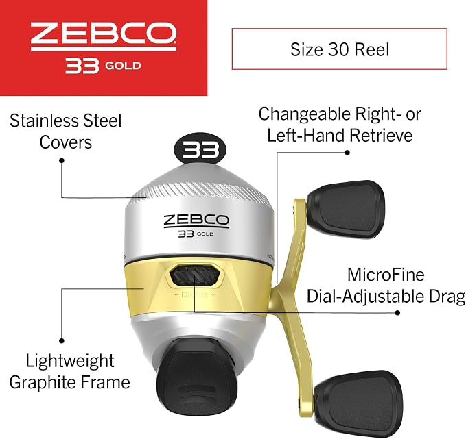 Zebco 33 Gold Spincast Fishing Reel, Changeable Right or Left-Hand Retrieve, All-Metal Gears, Pre-Spooled with Zebco Cajun Fishing Line
