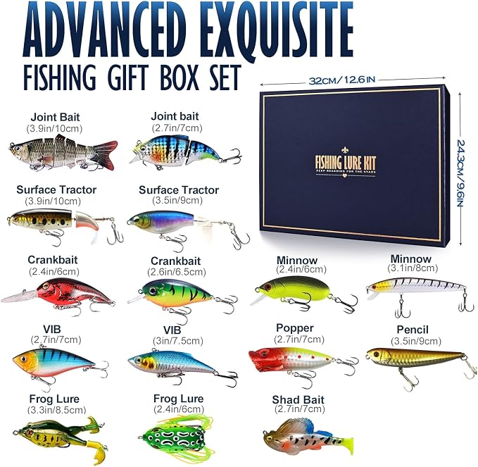 Fishing Lures Kit for Men, 15PCS Bass Fishing Lures Gift Set with Premium Gift Box, Hard & Soft Baits for Bass Trout Pike Salmon, Freshwater & Saltwater Fishing Gear Gifts