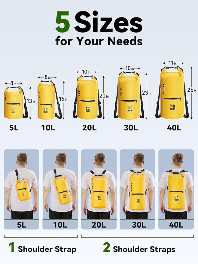 HEETA Waterproof Dry Bag with Front Zippered Pocket for Women Men, 5L/10L/20L/30L/40L Roll Top Lightweight Dry Storage Bag Backpack for Travel, Kayaking, Boating, Rafting, Camping, Hiking & Beach
