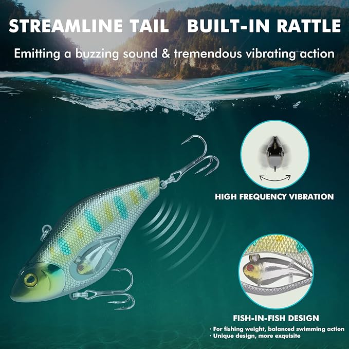 TRUSCEND Shallow or Deep Diving Crankbait with BKK Hooks, Wobble Fishing Lures for Bass Trout Crappie Walleye, Sinking Lipless Vibe Crank Bait for Bass Pike, Amazing Swimbait for Family Fishing