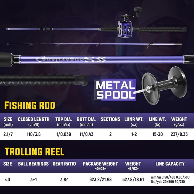 Sougayilang Trolling Fishing Rod Reel Combo - Heavy Duty Inshore/Catfish Rod with 4000 Size Reel, 2-Piece Saltwater Combo for Big Game Fish- 7'0"