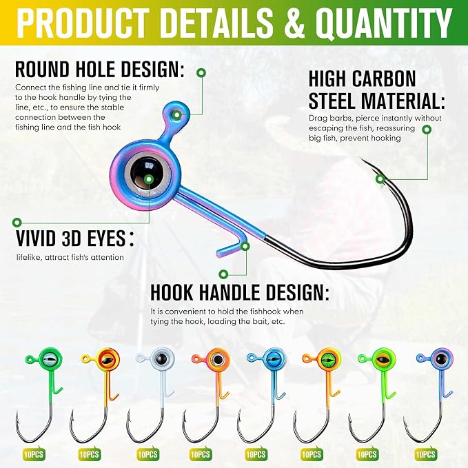 Vinsot Crappie Jig Heads 1/4oz 1/8oz 3/8oz 1/16oz 1/32oz Fishing Jig Hooks Simulation Fish Eye Ball Hook Bulk for Crappie Bass Trout Lures Gift