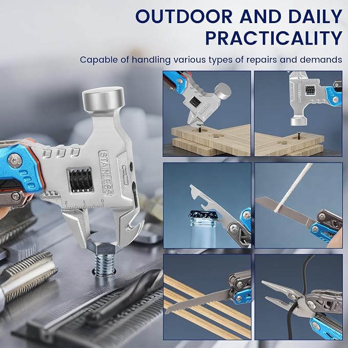 18-in-1 Multipurpose Tool Kit, Survival Camping Gear & Fishing Gifts, Multitool with Hammer, Pliers, Screwdriver and Pocket Knife for Dad Men(Blue)