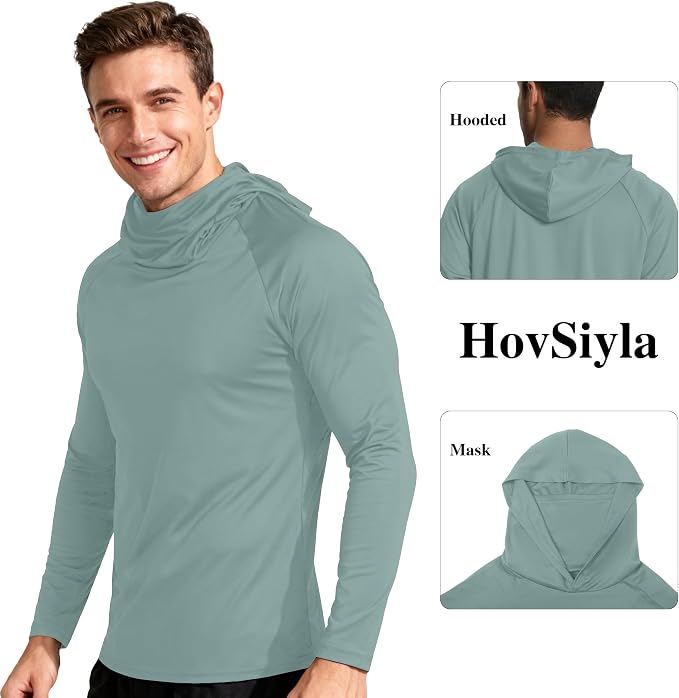 HovSiyla Mens Fishing Hoodie UV Sun Protection Shirts UPF Rash Guard Long Sleeve Shirts Hiking Performance Mesh Face Mask Top