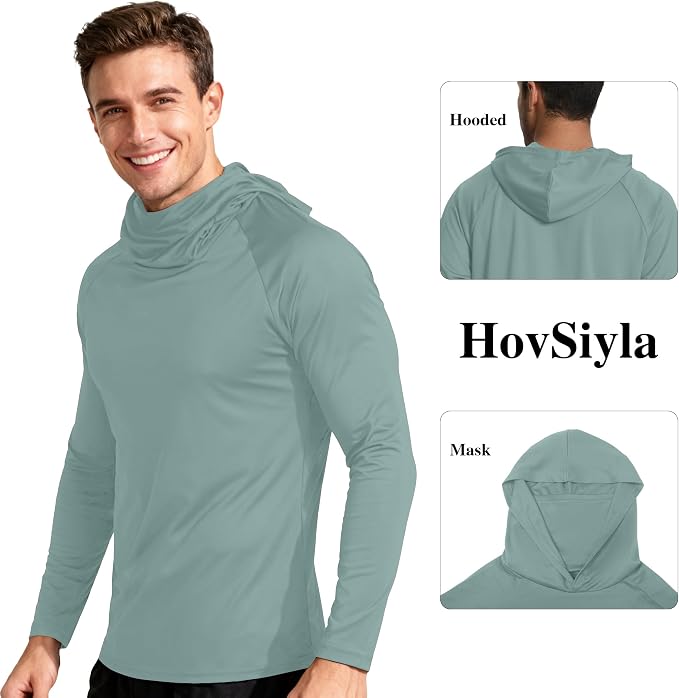 HovSiyla Mens Fishing Hoodie UV Sun Protection Shirts UPF Rash Guard Long Sleeve Shirts Hiking Performance Mesh Face Mask Top