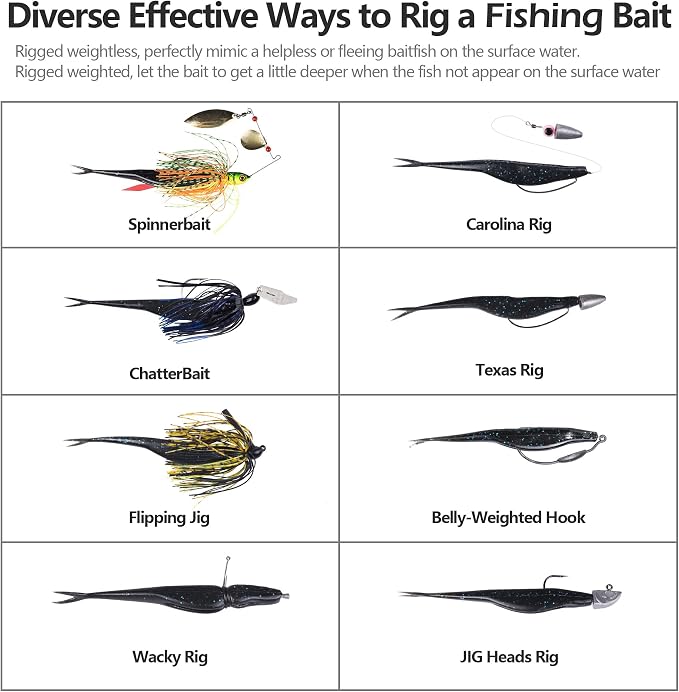 Fishing Bait Soft Plastic Lures 30/50 Pcs, Weighted Hooks 10 Pack & 40-Piece Set, 4in/5in Salty Split Tail Jerk Shad, 3/0 4/0 5/0 Weedless Swimbait Hook for Bass Fishing