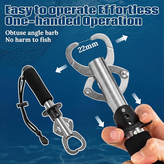 Konohan 3 Pack Fish Lip Gripper with Scale 33lb Stainless Steel Fish Landing Tool with Non-Slip EVA Handle & Wrist Strap for Anglers Fishermen Fishing Bass Trout Pike Catch and Release
