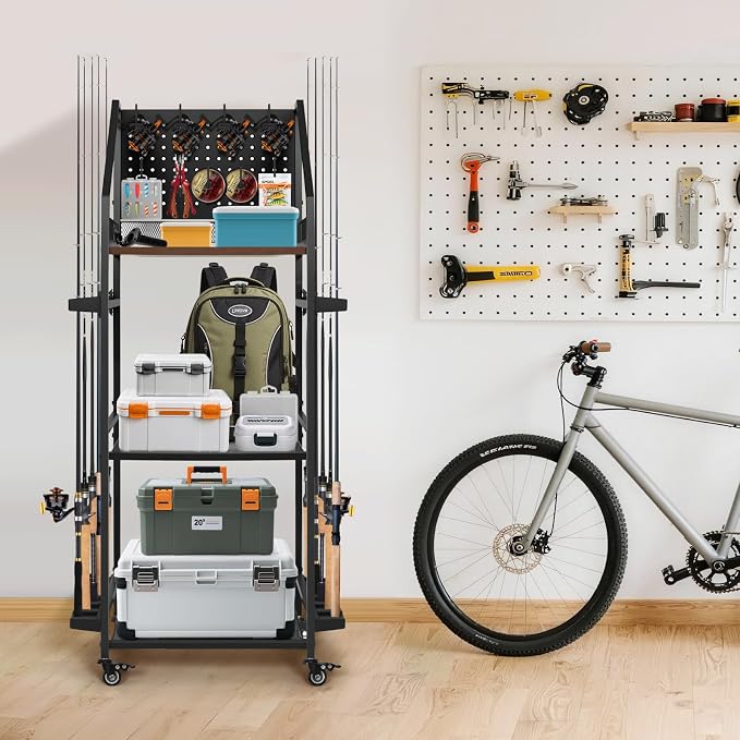Fishing Pole Holders for Garage,3 Tiers Fishing Rod Rack,Holds up to 12 Rods,Fishing Organizer with Pegboard&Hooks&Lockable Wheels,Fishing Pole Storage for Reel Combos/Tackle/Fishing
