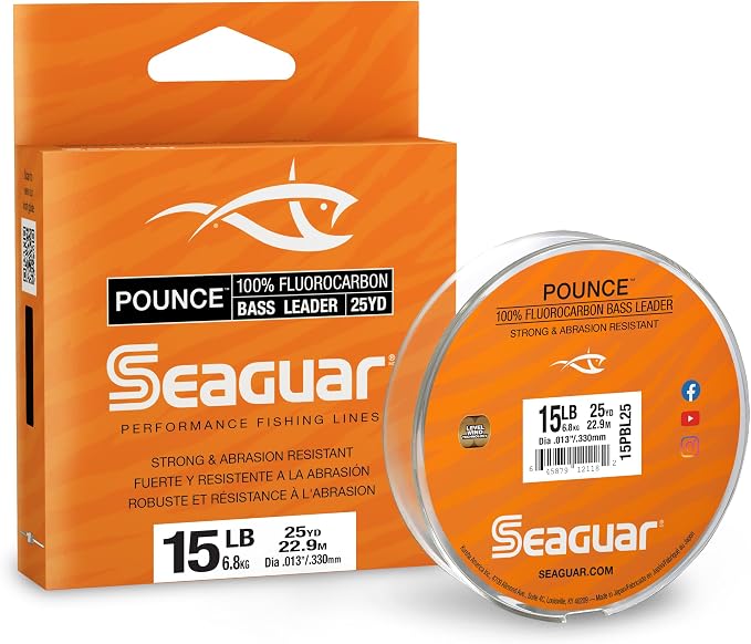 Seaguar Pounce Bass Fishing Leader Line, Freshwater, 100% Fluorocarbon, 25yd Spool, Clear, Multiple Sizes