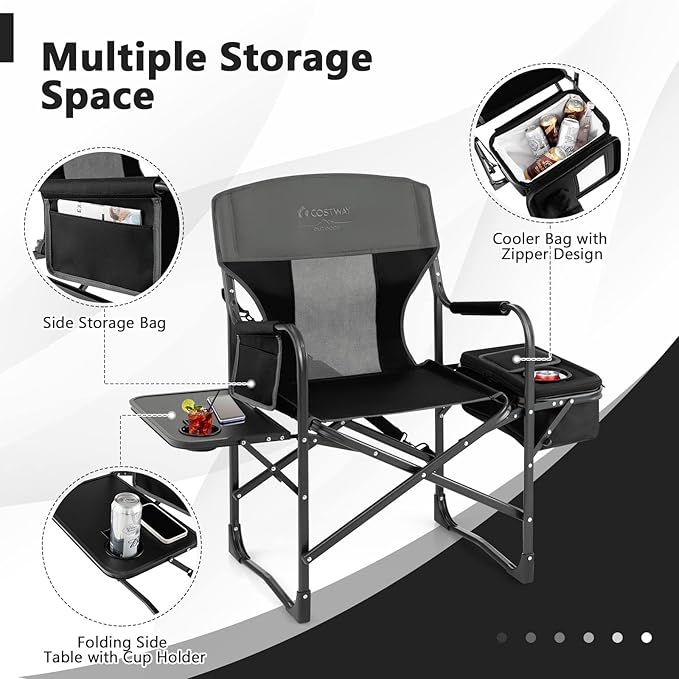 COSTWAY Folding Camping Chair, Heavy-Duty Director Chair Supports 400lbs for Adults with Side Table, Cooler Bag, Storage, Strap, Portable Makeup Chair Suitable for Fishing Picnic