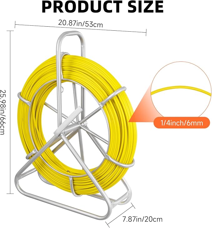 Fish Tape Fiberglass, 500FT, 1/4in, Duct Rodder Fish Tape Wire Puller, Electrical Fish Tape Cable Running Rod with Steel Reel Stand, Fishing Tools for Walls & Electrical Conduit