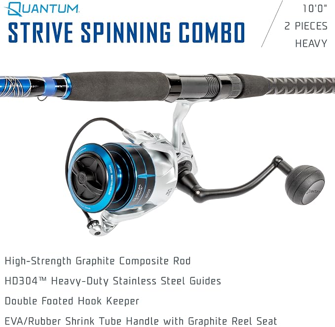 Quantum Strive Spinning Reel and Fishing Rod Combo, Graphite Composite Blank, 4+1 Bearings, Silver/Blue