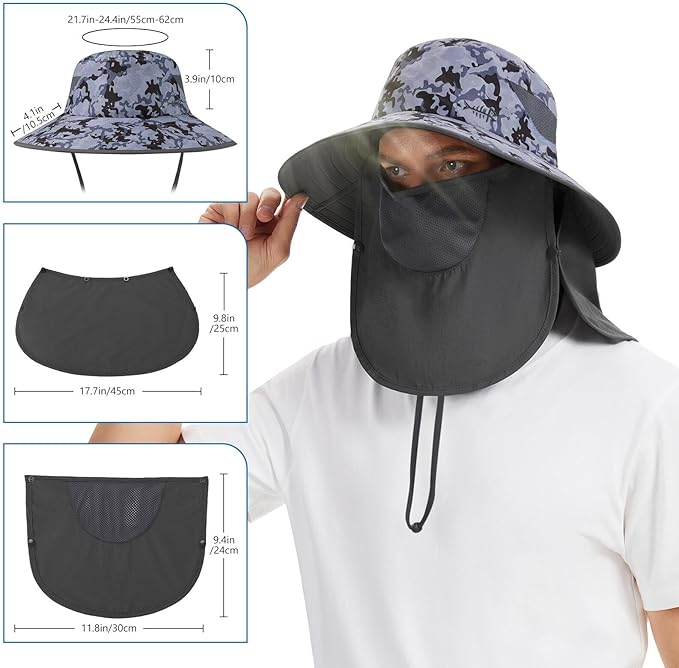 BASSDASH UPF 50+ Breathable Sun Hat with Removable Face Cover and Neck Flap Wide Brim Bucket Hat for Fishing Hiking Men Women