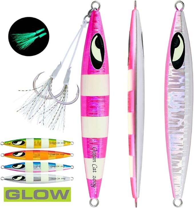 OCEAN CAT Lead Metal Flat Slow Fall Pitch Fishing Jigs Lures Sinking Vertical Jigging Bait with Butterfly Hook for Saltwater Fishing