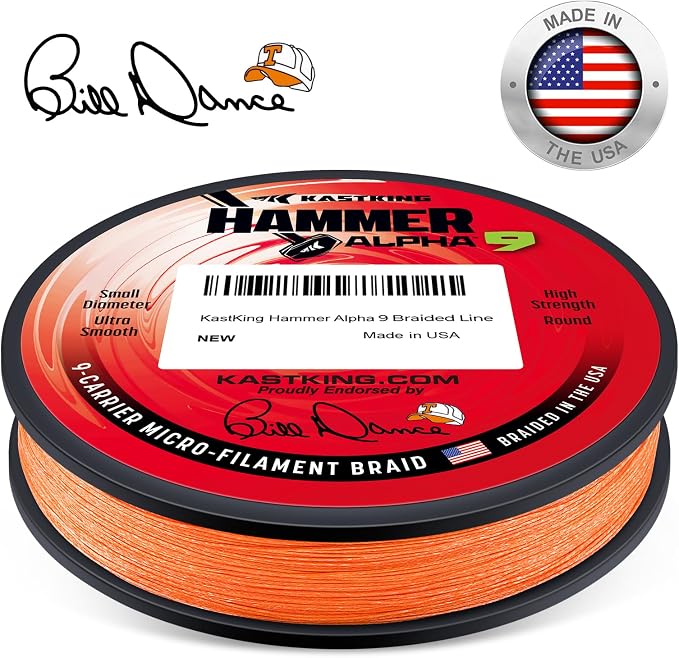 KastKing Hammer Alpha 9 UHMWPE Braided Fishing Line - Made in the USA, Strong and Smooth, Round, 9-Carrier, Colorfast Braided Fishing Line, Perfect for Most Fishing Reel and Finesse Applications
