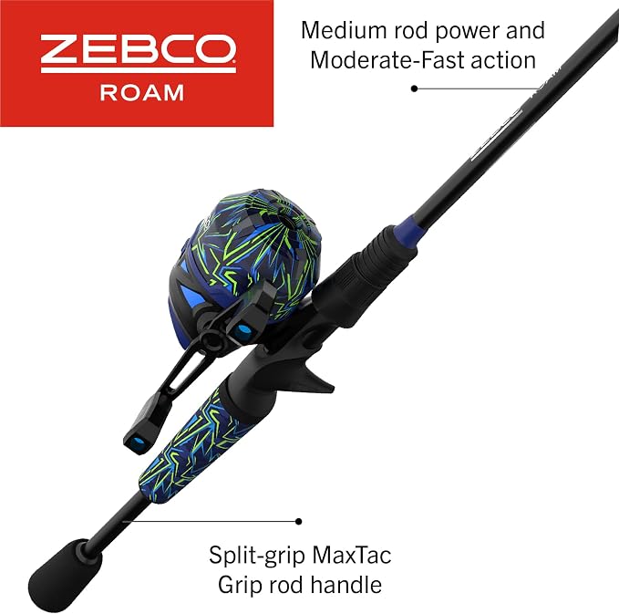 Zebco Roam Spincast Reel and Fishing Rod Combo, 6-Foot 2-Piece Fiberglass Fishing Pole with ComfortGrip Handle, Quickset Anti-Reverse Fishing Reel, Pre-Spooled with 10-Pound Zebco Line
