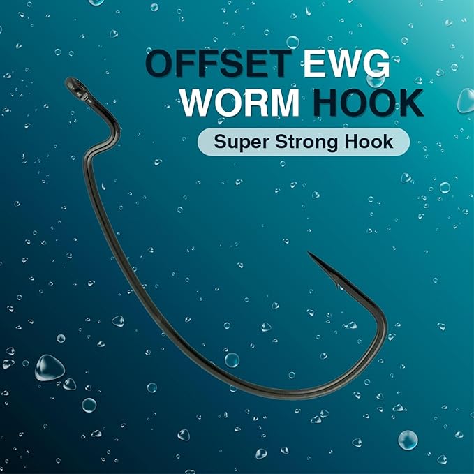 Reaction Tackle Offset EWG Worm Hooks - Super Strong Wide Gap Texas Rig Hooks for Soft Plastic Baits - High Carbon Steel Bass Fishing Hooks (25-Pack)