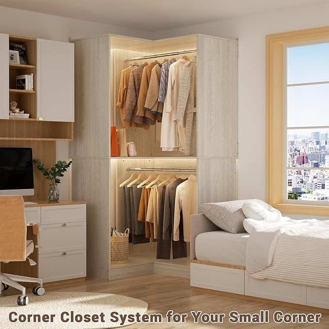 Armocity Corner Closet System, 32 Inches Wide Wood Corner Unit with 2 Hanging Rods and All Hardware Kits, 3-Tier 80'' Height Corner Wood Closet Tower, White Oak