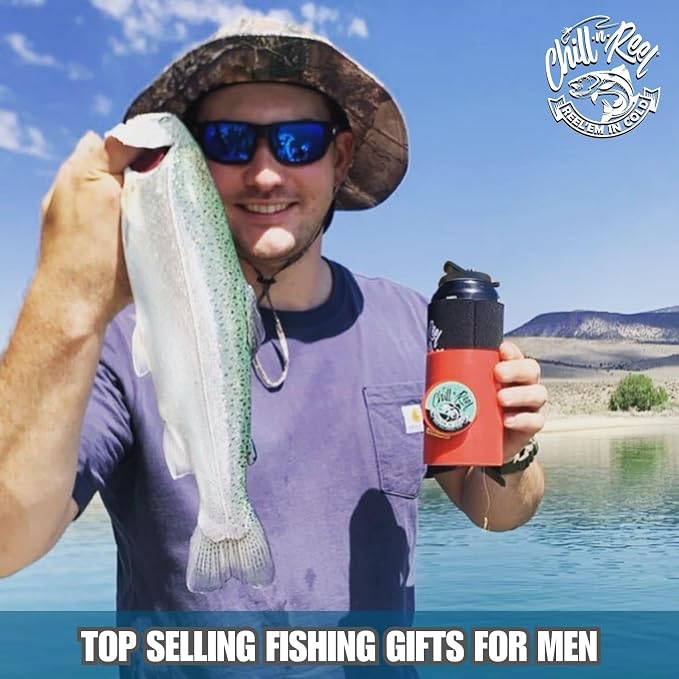 Made in USA | Beer Can Fishing Coolie | Hard Shell Drink Holder with Hand Line Reel | Holds Most Can Sleeves or Coozies | Unique Fishing Gift for Men | Retail Box Packaging | Crimson
