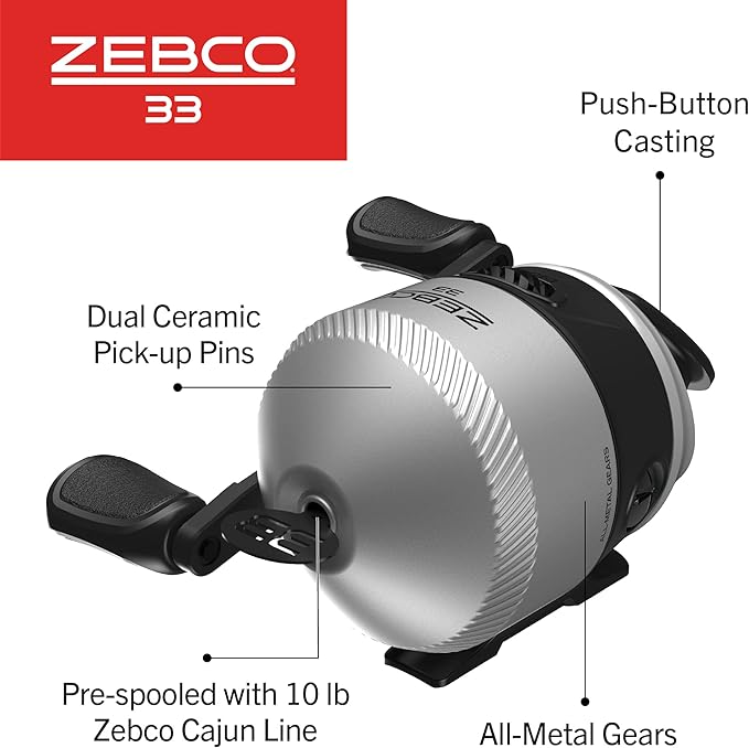 Zebco 33 Spincast Fishing Reel, Size 30 Reel, Right or Left-Hand Retrieve, 10-Pound Zebco Cajun Fishing Line, Silver/Black (Clam Packaging)