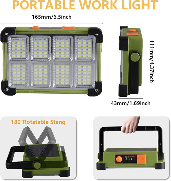 YXQUA 120W Solar Rechargeable Work Light, 144 LED Portable Flood Light with Stand, IP66 Waterproof 4 Modes LED Job Site Lighting Flashlights for Mechanic Camping Fishing Car Repair(Green 1 Pack)