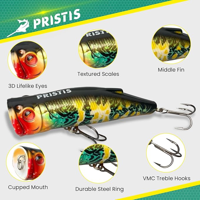 Pristis 3 pcs Topwater Fishing Plopper Lures, Floating Popper Bait Set with Chemically Sharpened Hooks for Saltwater Freshwater, Top Water Plopping Swimbait Teaser for Bass Tuna Perch Pike Crappie
