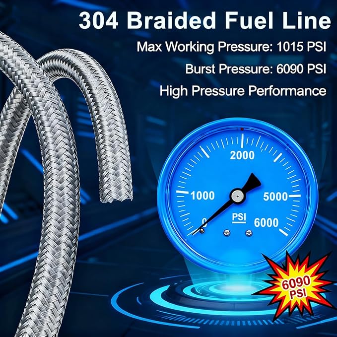 6AN Stainless Steel Braided Fuel Line Hose - 1015 PSI Working Pressure & 6090 PSI Burst Compatible with Oil, Fuel, Transmission Cooler, Hydraulic Lines - 10ft Length