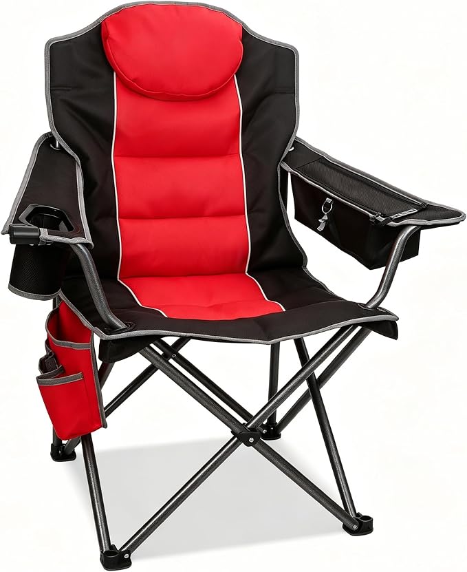 Colorsoul Oversized Camping Chair, Padded Portable Camping Chairs with Cup Holder, Cooler Bag and Shoulder Straps, Heavy Duty Outdoor Folding Chair for Camping, Beach, Fishing, Support 350 LBS, Red