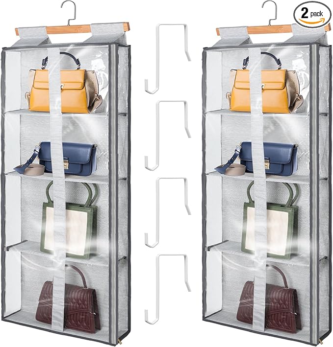 Silkfly 2 Pack Hanging Purse Organizer for Closet Clear Handbag Storage Hanger with Zipper Holder over The Door Wardrobe Tote Bag Storage Holder for Bedrooms Living Room(Gray)