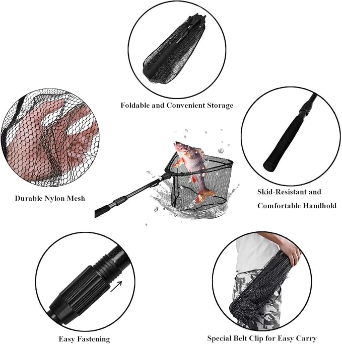 PLUSINNO Fishing Net Fish Floating Landing Net, Kayak Nets with Fixed Foldable Telescopic Pole Handle, Bass Trout Fishing Nets with Nylon Mesh for Pond Lake River, Fishing Gear Gifts for Men Anglers
