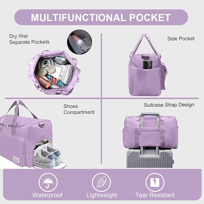 Suruid Gym Bag for Women Men, Travel Duffle Bag Large Capacity Carry On Weekender Bag With Shoe Compartment Gym Tote Dry Wet Separation Duffel Bag with Makeup Bag, Purple
