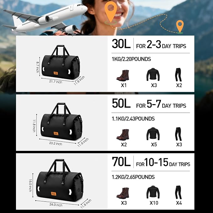 OCKLILY Waterproof Motorcycle Dry Bag, 30L Roll-top Motorcycle Tail Bag with Air Valve & Quick-fixed Straps, Travel Duffle Bags for Kayaking Paddle Boarding Rafting Boating Camping Riding - Black