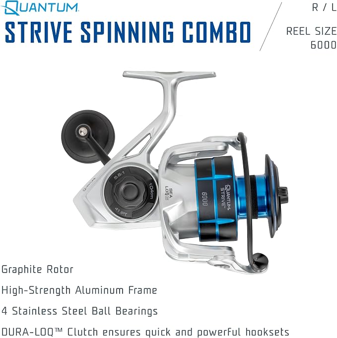 Quantum Strive Spinning Reel and Fishing Rod Combo, Graphite Composite Blank, 4+1 Bearings, Silver/Blue