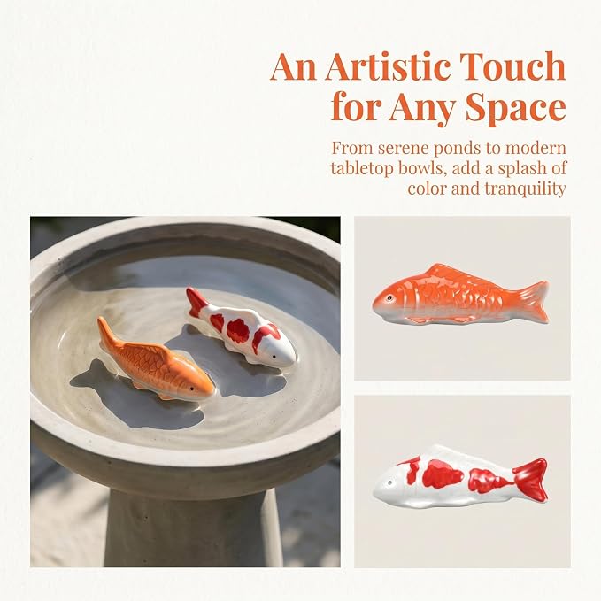 Housoutil Ceramic Floating Koi Fish, 2PCS Ceramic Floating Fake Fish Goldfish Koi Decor Realistic Water Pond Decor for Outdoor Fountain, Bird Bath, Mini Water Garden and Fake Aquarium