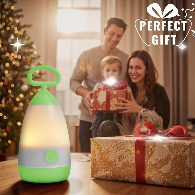 2-Pack Kids Camping Lantern & Night Light, Battery Powered, 360° Eye-Safe Light, IPX4 Waterproof RGB Portable for Slumber Party (Purple & Green, 6× AAA Included)