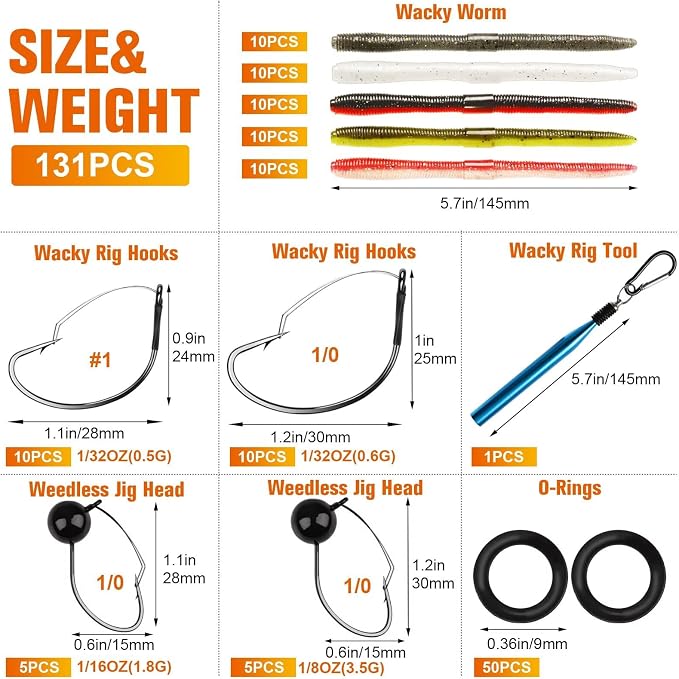 Dovesun Wacky Worm for Bass Trout Fishing Worms Kit with Soft Plastic Baits, Weedless Hooks, Bass Hooks,Weedless Jig Head, Wacky Rig Tool, O-Rings, Weight 152Pcs/131Pcs/50Pcs