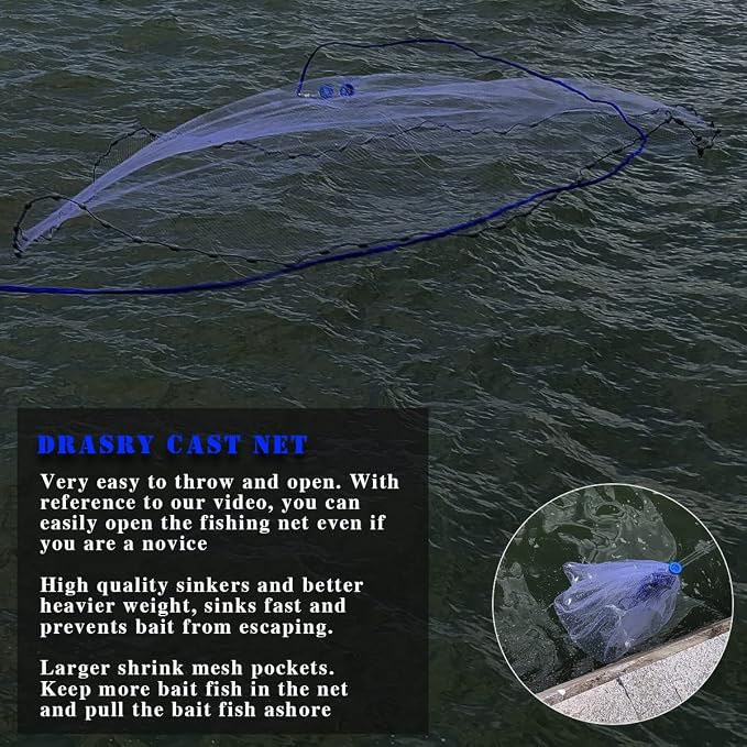 Drasry Saltwater Fishing Cast Net 3/8 and 1/4 Mesh with Heavy Duty Gray Sinker American Monofilament Fish Throw Net for Bait Trap 3FT 4FT 5FT 6FT 7FT 8FT 9FT Radius