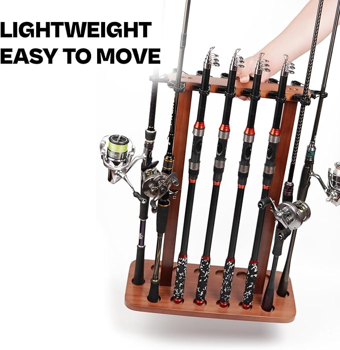 VEYWANE Fishing Rod Storage Racks, 100% Wood Floor Stand Fishing Pole Holders for Garage of 14 Rods or Combos