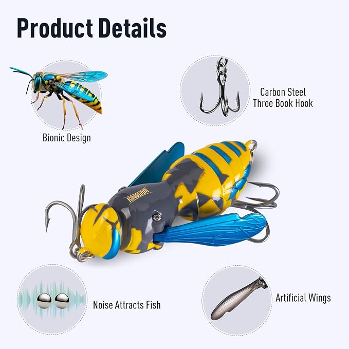 Kingdom Wasp Craw Bait Insect Bionic Floating Fishing Lures Swimbaits Hard Artificial Baits Lure for Freshwater and Saltwater Bass Carp Pike Walleye Fishing ABS Material Carbon Steel Three Book Hook