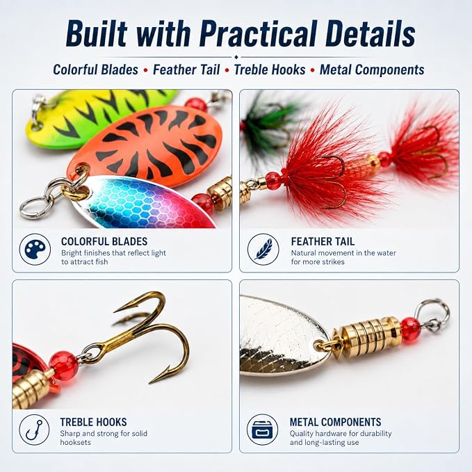 Fishing Spinner Lures Kit 10/15/16/20PCS, Inline Spinner Baits with Treble Hooks and Feather Tails, Metal Fishing Lures for Trout Bass Salmon Panfish, Multi-Color Freshwater Fishing Tackle Set