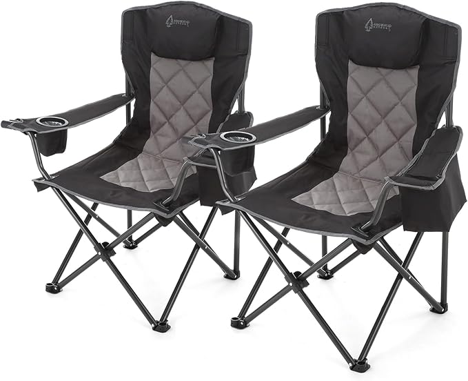ARROWHEAD OUTDOOR 2-Pack Portable Deluxe Folding Camp Quad Chair w/Headrest, Glass & Cup Holders, Armest 6-can Cooler, Heavy Duty Carry Bag, 550 lbs Weight Capacity
