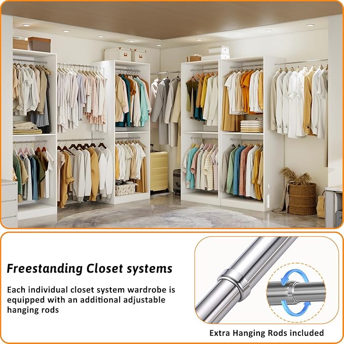 Closet System with 3 Hanging Rods& Shelf , 2FT Small Closet Organizer System Wood with Extra Side Hanging Rod for Walk in Closet Storage, Modular Closet Systems, White(2FT)