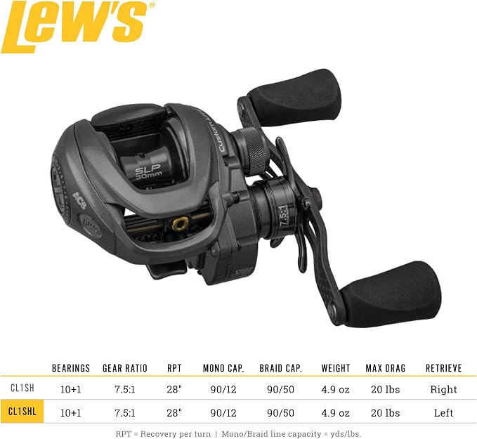 Lew's Custom Lite SS Baitcast Fishing Reel, 10+1 Double Shielded Bearings, Super Shallow 30 mm Spool, Tanso Tech Frame, Carbon Fiber Drag, Carbon Gray