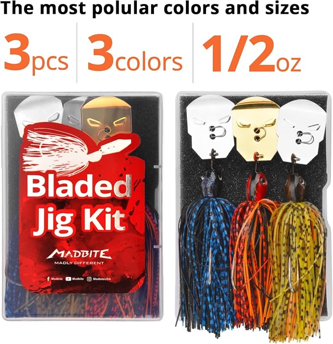 MadBite by KastKing Bladed Jig Fishing Lures, Multi-Color Kits, Irresistible Vibrating Action, Sticky-Sharp Heavy-Wire Needle Point Hooks, Popular 3/8 oz and 1/2 oz Sizes, Includes Storage Box