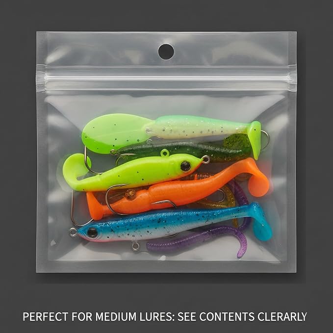 100 Pack Soft Plastic Baits Bags 5.1"x4.7" | Heavy-Duty Clear Lock Zipper Lure Packaging Bags - Leakproof Double-Sealed Zipper Storage for Soft Plastic Lures & Fishing Gear | Multiple Sizes