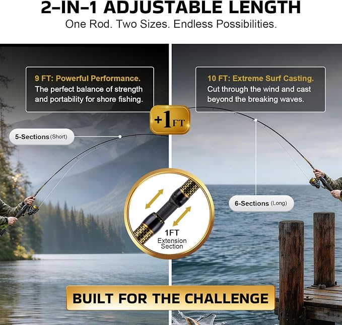 Goture Travel Fishing Rod and Reel Combo, Dual-Length Fishing Pole with 900D Carrier Bag, Complete Fishing Kit with Lures & Accessories for Surf Casting Shore Fishing