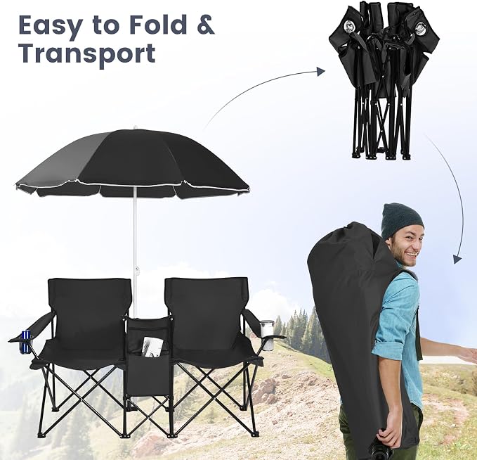 Tangkula Double Camping Chairs with Umbrella, Portable 2 Seat Folding Camp Chair with Cooler Bag, Beverage Holder, Carrying Bag, Foldable Lawn Chair for Outside, Fishing, Picnic, Beach