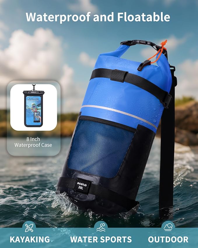 ECOHUB Waterproof Dry Bag for Women Men, 5L/10L/20L Roll Top Lightweight Dry Storage Bag Backpack for Travel Kayaking Hiking Floating with Waterproof Phone Case